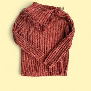 Orange multicolor knit fringe sweater with asymmetrical cowl neck